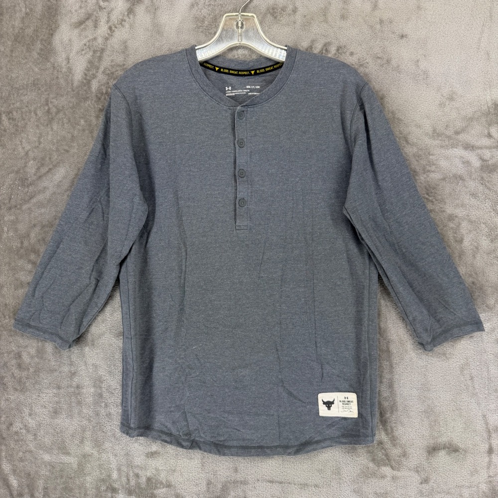 Under Armour Project Rock Mens Gray Henley HeatGear 3/4 Sleeve Shirt 1346095 SM‎